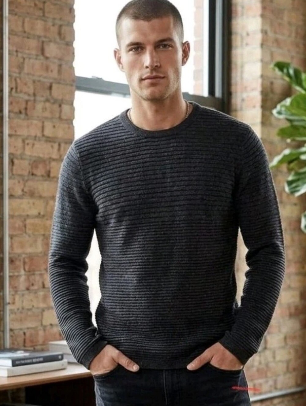 Y2k H&M Ribbed Knit Sweater 100 Cotton Pullover Regular Fit Dark Gray Marl M